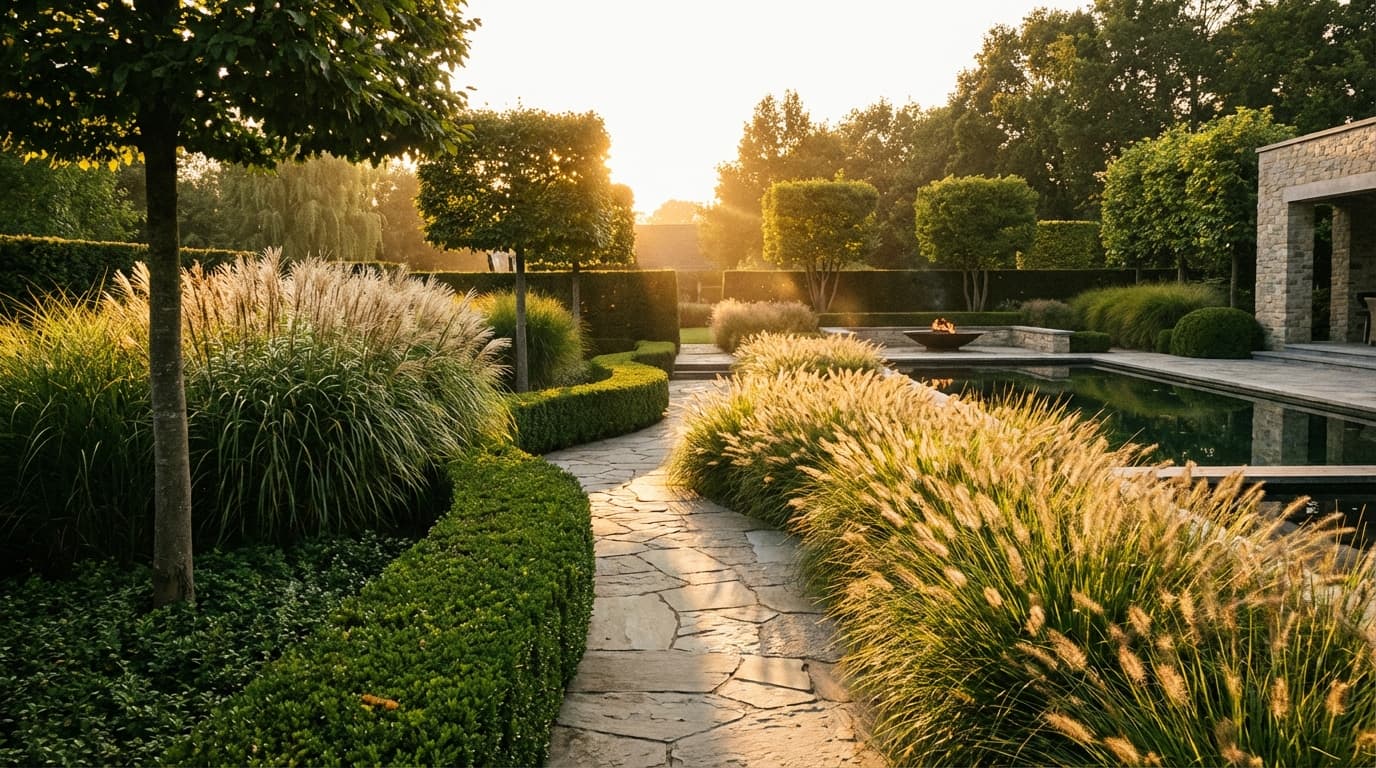 Sierlijke tuin met siergrassen en stenen pad in gouden avondlicht